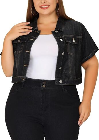 Agnes Orinda Plus Size Denim Jackets for Women 2023 Cropped Wash Short Sleeves Jean Jacket in Kuwait