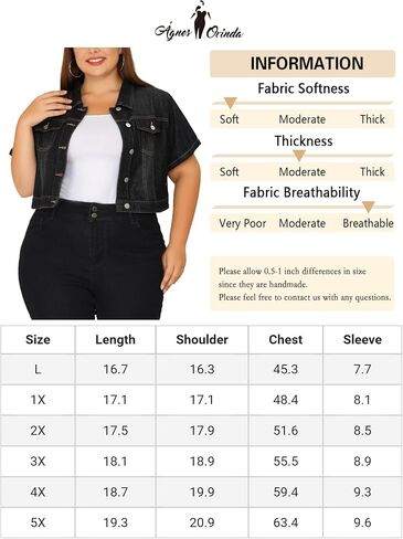 Agnes Orinda Plus Size Denim Jackets for Women 2023 Cropped Wash Short Sleeves Jean Jacket in Kuwait