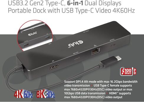 Club 3D CSV-1584 USB3.2 Gen2 Type-C، منصة محمولة 6 في 1 مزدوجة العرض مع USB Type-C فيديو 4K60 هرتز in Saudi Arabia