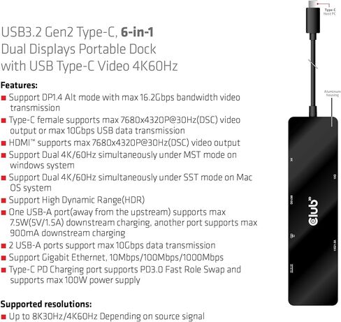 Club 3D CSV-1584 USB3.2 Gen2 Type-C، منصة محمولة 6 في 1 مزدوجة العرض مع USB Type-C فيديو 4K60 هرتز in Saudi Arabia