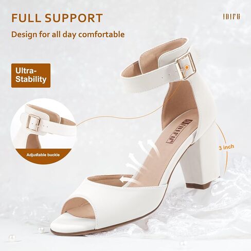 IDIFU Women's Candie-MI Peep Toe Low Block Heels Sandals Ankle Strap Comfy Chunky Wedding Dress Shoes in Saudi Arabia