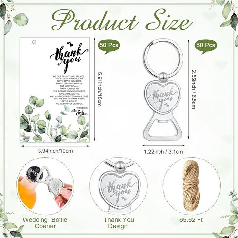 102 Pcs Wedding Party Favors for Guests Bulk 50 Bottle Opener Keychain, 50 Thank You Cards for Wedding 1 Wooden Sign with Natural Rope for Wedding Party Souvenirs Bridal Shower Reception Gifts in Saudi Arabia