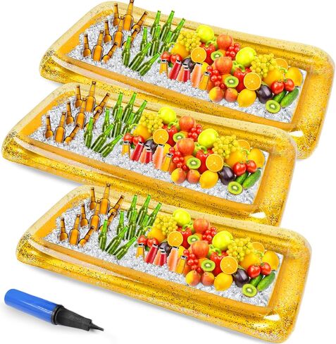 Inflatable Serving Bar Inflatable Buffett Cooler Salad Ice Tray Glitter Confetti Food Drink Containers with Air Pump for Indoor Outdoor BBQ Picnic Pool Party, 52 x 26 x 4.7 Inch (3 Pcs) in Saudi Arabia
