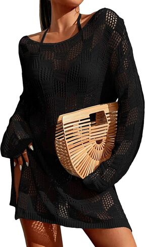 GORGLITTER Women's Crochet Bathing Suit Cover Up Dress Long Sleeve Split Beach Swimsuit Dress in Saudi Arabia
