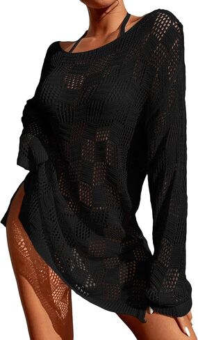 GORGLITTER Women's Crochet Bathing Suit Cover Up Dress Long Sleeve Split Beach Swimsuit Dress in Saudi Arabia