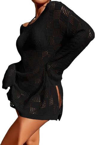GORGLITTER Women's Crochet Bathing Suit Cover Up Dress Long Sleeve Split Beach Swimsuit Dress in Saudi Arabia