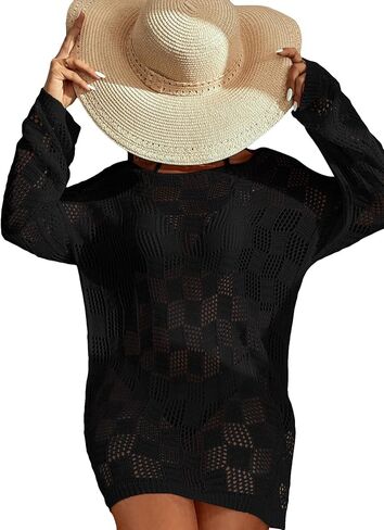 GORGLITTER Women's Crochet Bathing Suit Cover Up Dress Long Sleeve Split Beach Swimsuit Dress in Saudi Arabia