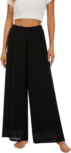 Double Plus Open Womens Chiffon High Waist Palazzo Dressy Pants Flare Elastic Waist Culottes Trousers Pant Suits in Kuwait