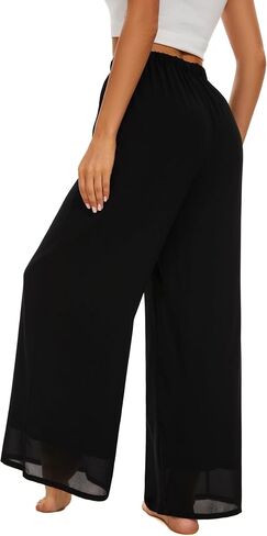 Double Plus Open Womens Chiffon High Waist Palazzo Dressy Pants Flare Elastic Waist Culottes Trousers Pant Suits in Kuwait