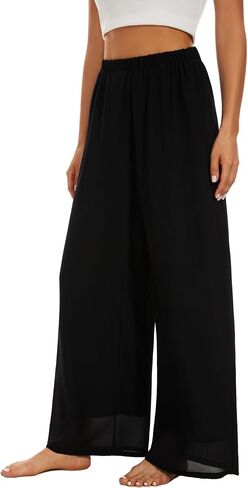 Double Plus Open Womens Chiffon High Waist Palazzo Dressy Pants Flare Elastic Waist Culottes Trousers Pant Suits in Kuwait