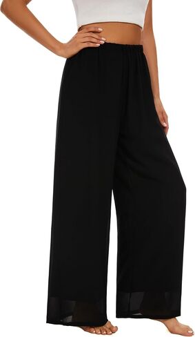 Double Plus Open Womens Chiffon High Waist Palazzo Dressy Pants Flare Elastic Waist Culottes Trousers Pant Suits in Kuwait