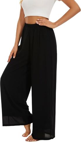 Double Plus Open Womens Chiffon High Waist Palazzo Dressy Pants Flare Elastic Waist Culottes Trousers Pant Suits in Kuwait