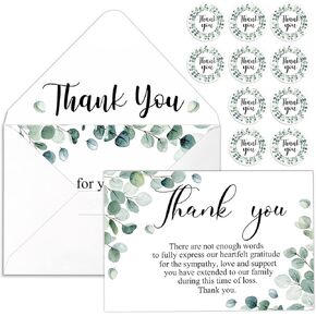 25 Pack Thank You Sympathy Cards Funeral Thank You Cards with Envelopes and Message Memorial Card with Stickers Greenery Bereavement Cards for Funeral Family Friends and Loved Ones Celebration of Life