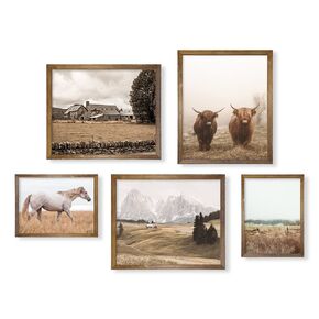 Highland Cow Pictures Wall Art - Southern Farm Horse Animal - Old West Ranch Room Decor - Country Print - Rustic Farmhouse Bathroom Poster - Boho Western Decor - Gift for Cowboy Men Cowgirl - Set of 5