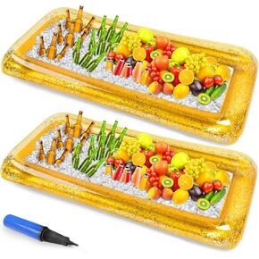 Inflatable Serving Bar Inflatable Buffett Cooler Salad Ice Tray Glitter Confetti Food Drink Containers with Air Pump for Indoor Outdoor BBQ Picnic Pool Party, 52 x 26 x 4.7 Inch (3 Pcs)