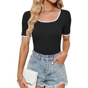 Women's Summer Short Sleeve Square Neck T Shirts Color Block Slim Fit Rib Knit Basic Solid Tee Tops for Women 2024