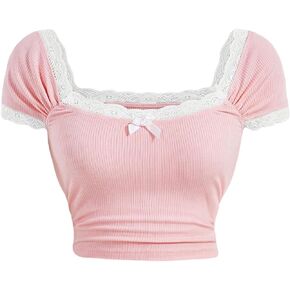Floerns Women's Plus Size Colorblock Lace Trim Scoop Neck Bow Front Crop Tee Shirts
