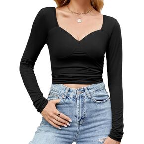 CiCiBird Women Sexy V Neck Shirt Crop Long Sleeve Tops Y2K Going Out T Shirt