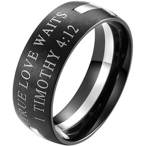 Men's Stainless Steel 8MM Bible Verse Christian Purity Cross Ring Band 1 Timothy 4:12