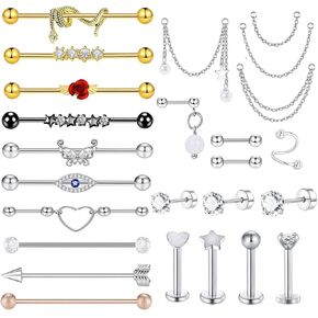 TIANCI FBYJS Surgical Steel Industrial Piercing Jewery Barbell Earrings with Chain for Women Dangle Cartilage Earring Studs Cartilage Helix Tragus Daith Set