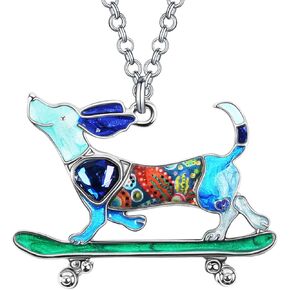 Enamel Alloy Rhinestone Skateboard Dachshund Necklace Dog Pendant Pet Jewelry Dachshund Gifts for Women Girls