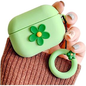 Ownest Compatible for AirPods Case Cute Cartoon Flower Pattern Girls Woman Soft Silicone Shockproof Keychain Design Cover for Airpods Pro-Green