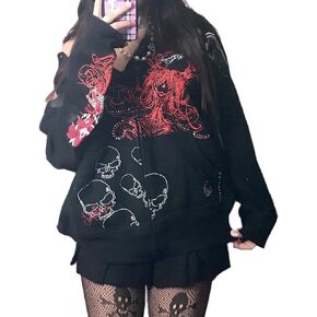 Women Y2K Skull Hoodie Graphic Zip Up Grunge Aesthetic Hoodies Casual Vintage Oversized Sweatshirt Harajuku Jacket in Kuwait