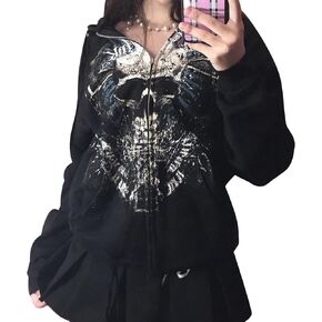 Women Y2K Skull Hoodie Graphic Zip Up Grunge Aesthetic Hoodies Casual Vintage Oversized Sweatshirt Harajuku Jacket