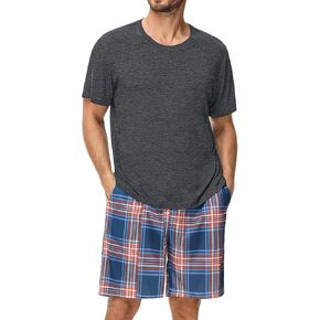 SWOMOG Mens Pajama Set Short Sleeve Sleepwear 2 PCS Soft Pjs Sets Crewneck Loungewear Nightwear with Pockets