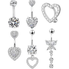 Belly Button Ring Dangle Navel Belly Piercing Jewelry Cute CZ Heart Butterfly Bow Flower Belly Rings for Women Surgical Steel Belly Button Piercing