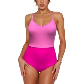 Women's Color Block V Neck Strappy One Piece Bathing Suit High Cut Monokini Swimsuit in Kuwait