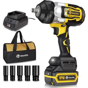 Cordless Impact Wrench 1/2 Inch, 1000 Ft-lbs High Torque, 21V Brushless Impact Gun w/ 4.0 Ah Battery, Fast Charger, 5 Sockets and Tool Bag