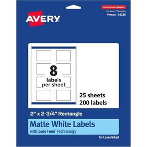 Avery Matte White Rectangle Labels with Sure Feed, 2" x 2.75", 200 Matte White Printable Labels