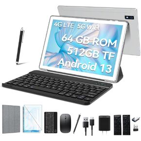Newest 2024 Android 13 Tablet 10.1 Inch, Dual 4G Cellular Tablets with 64GB ROM+512GB Expandable, 3 In 1 Tablet with keyboard Mouse Pen-13MP Dual Camera,1080 FHD,Octa-Core,GPS/WIFI/Bluetooth(Silvery)