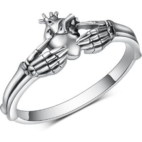 Daixiya Gothic Skull Ring 925 Sterling Silver Halloween Anatomical Heart Claddagh Skull Rings Halloween Gothic Jewelry Gifts for Women Men Girls
