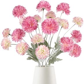 Chrysanthemum Artificial Flowers Pink Silk Hydrangea 5 Bundles Faux Kiku Flower with Stems Fake Pompon Mum Ball Flowers for Home Garden Office Wedding Decoration Floral Arrangements (Pink)