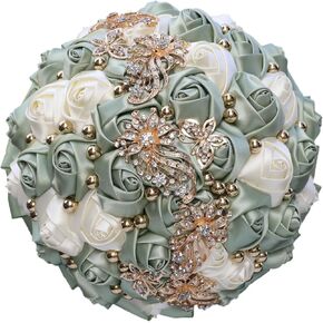 Handmade Wedding Bouquet with Golden Rhinestone Brooch Pearl Bridal Bouquet for Bride Bridesmaid Quinceanera Satin Rose Flower Bouquet Wedding Sage Green and Ivory 7.1in
