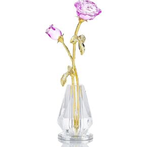 YWHL Handmade Crystal Blue Rose Flower Figurine with Vase, Bouquet Glass Flowers Ornament Rose Gifts for Girlfriend Sister Women, Crystal Flower Home Decor for Valentine's Day Mother's Day Wedding
