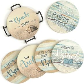 PANCHH Beach Coastal & Ocean Sea Tropical Theme Coasters for Drinks , Kitchen Decor and Gifts for Beach House and Home Beach Bars - Coasters for Wooden Table - Set of 6 with Holder , Absorbent