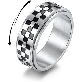 Checkerboard Bands Statement Finger Ring Black White Titanium Steel Rings Checker Polished Rotating Spinner Fidget Band Pointer Ring Comfort Fit Valentine's Day Wedding Couple Gifts for Women Men