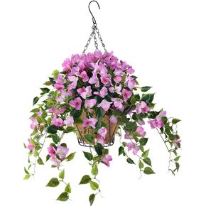 INQCMY Artificial Flowers Hanging Basket with 4 Branches Bougain Villea Silk Vine Flowers for Patio Lawn Decor,Artificial Hanging Plant in Coconut Lining Basket for Outdoor Indoor(Purple)