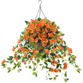 INQCMY Artificial Flowers Hanging Basket with 4 Branches Bougain Villea Silk Vine Flowers for Patio Lawn Decor,Artificial Hanging Plant in Coconut Lining Basket for Outdoor Indoor(Purple)