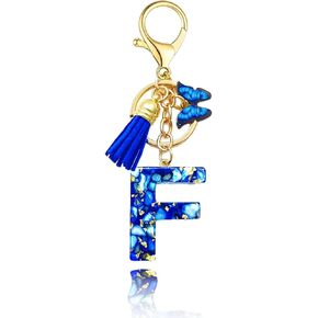 Initial Letter Keychains for Girls Women Pink Blue Golden，Tassel Butterfly Pendant Key Ring for Purse Handbags School Bag