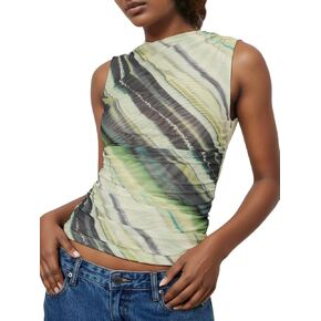 MISSACTIVER Women Summer Mesh Tank Top Graphic Print Ruched Side Mock Neck Sleeveless Slim Fit Casual Cami Shirt Tops