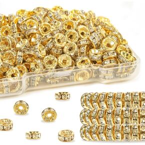 200Pcs Rondelle Spacer Beads - 6mm 18K Real Gold Plated Round Crystal Rhinestone Loose Beads for DIY Bracelet & Necklace Making Supplies