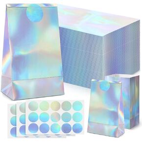 30 Pcs Iridescent Paper Gift Bag with Stickers Reusable Party Supplies Glitter Foil Holographic Paper Bag Candy Goodie Bag Gift Bags for Baby Shower Wedding Birthday Party Favors, 8.3 x 5 x 3 Inch