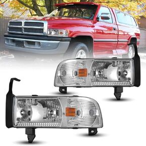 ROXX Projector Headlights Assembly fit for 1994-2001 Dodge Ram 1500/94-02 Dodge Ram 2500 3500/95-02 Dodge Ram 4000, Headlamp Replacement with Dual Beam, Turn Signal Light and Amber Reflector