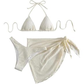 ZAFUL Sexy 3 Piece Bikini Set for Women String Tie Triangle Thong Sparkly Metallic Shiny Swimsuit with Cover Up Skirt
