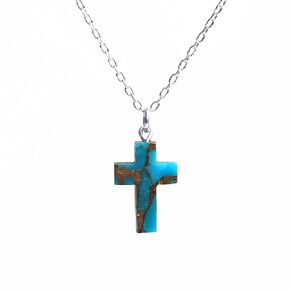 Blue Copper Turquoise Necklace, Cross Shape Pendant Necklace, Healing Crystal Necklace, December Birthstone Jewelry, Gift for Mom Girls, 16+2 inch 925 Silver Adjustable Chain