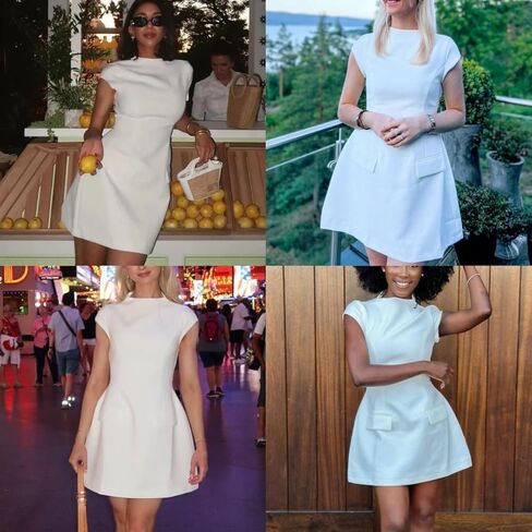 Women's Elegant Pockets Mini Dress Short Sleeve Mock Turtle Neck A Line Tank Short Dresses Bodycon for Party Cocktail in Kuwait